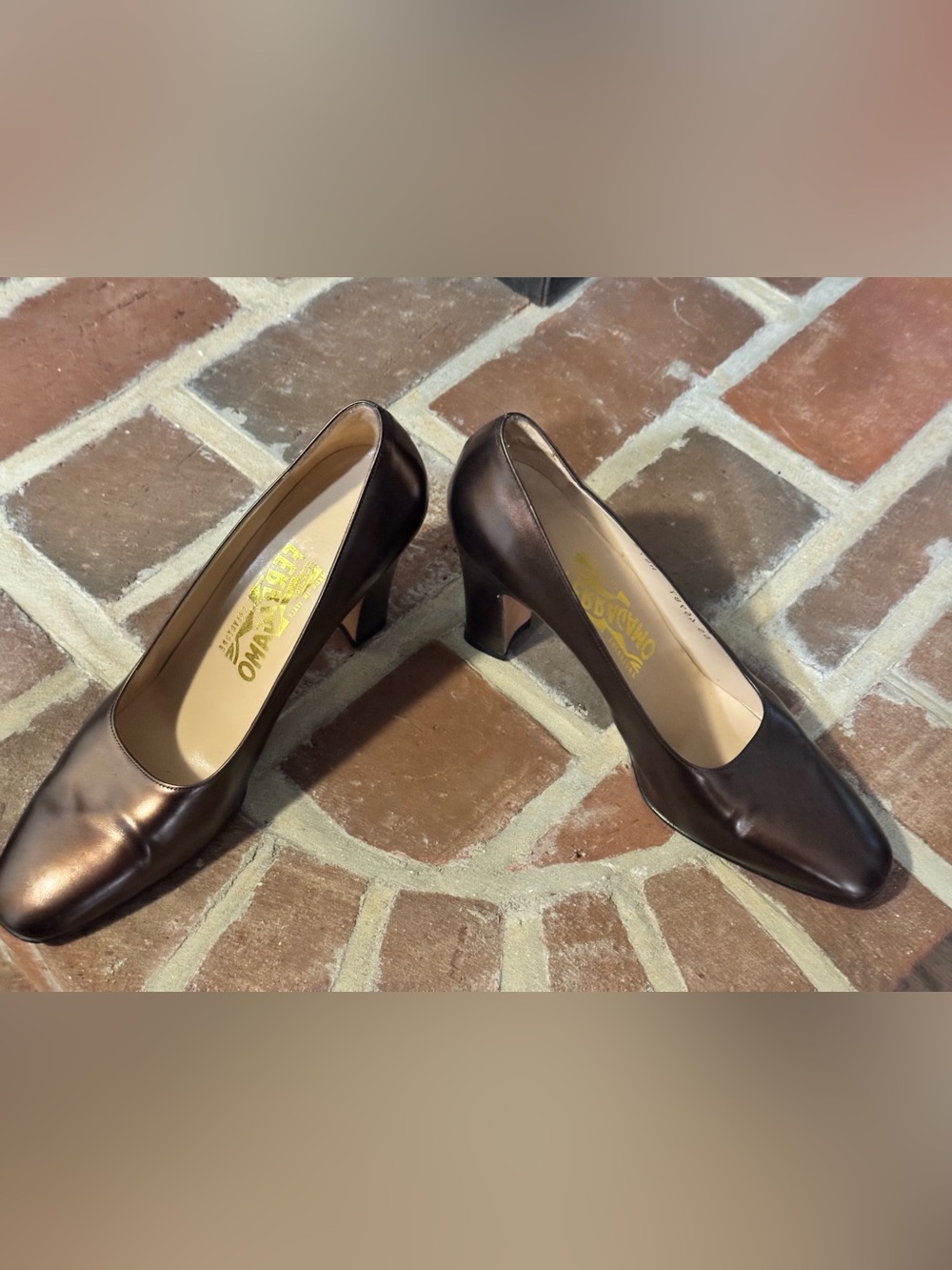 Salvatore Ferragamo Metallic Brown Leather Mid block Heels 7.5